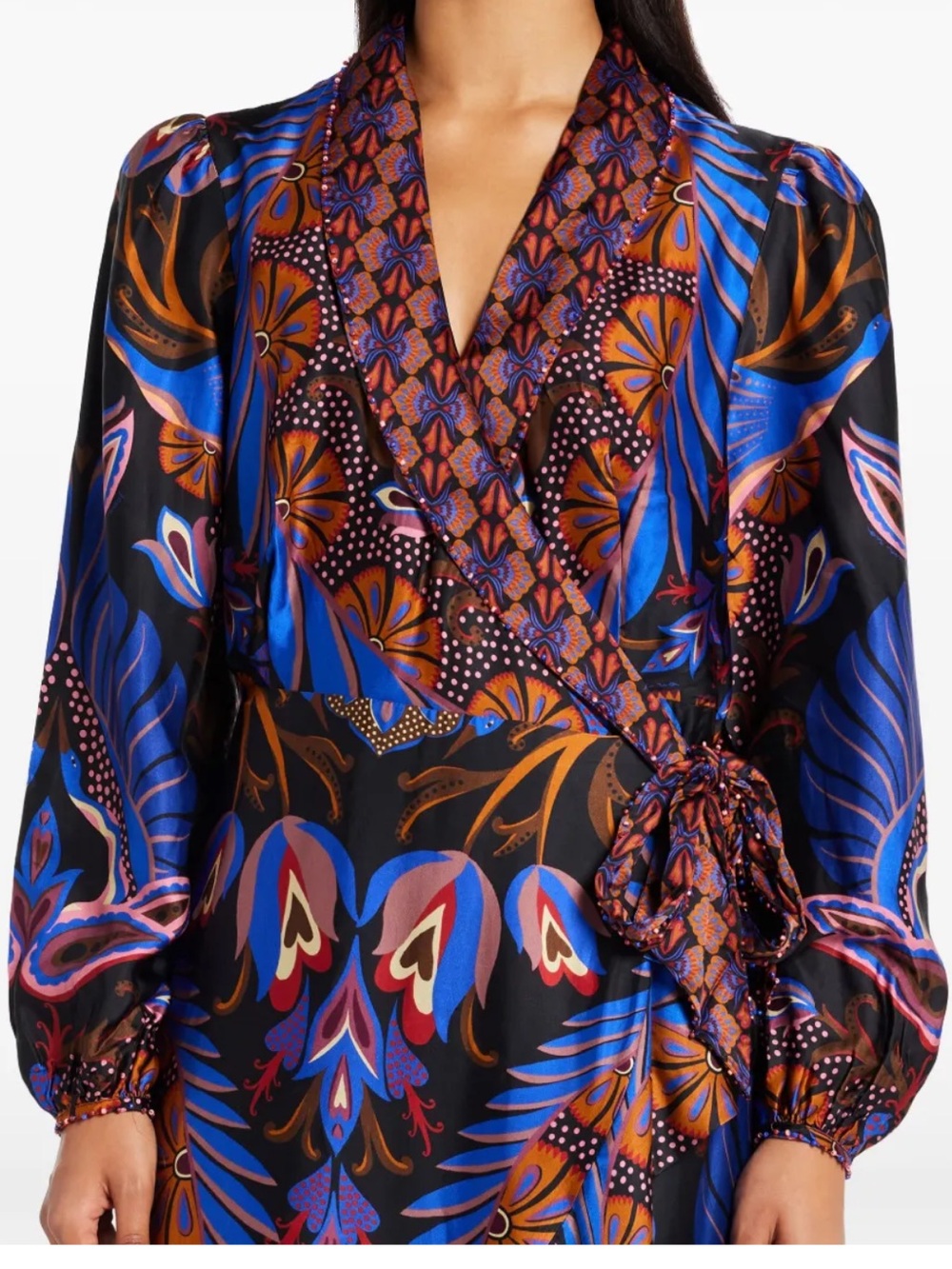 FARM Rio Heart Forest Asymmetric Hem Long Sleeve Wrap Dress